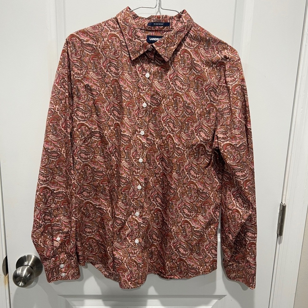 Lands End Paisley No Iron Supima Cotton Button Down Shirt Pink 14P